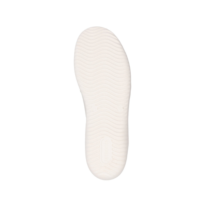 White outsole with wave tread pattern and Remonte logo on heel.