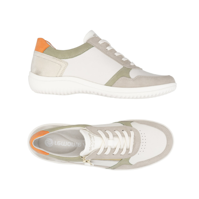 Pair of beige sneakers with green, orange and taupe accents, laces, side zipper, beige Remonte logo'd footbed and white light treaded outsole.