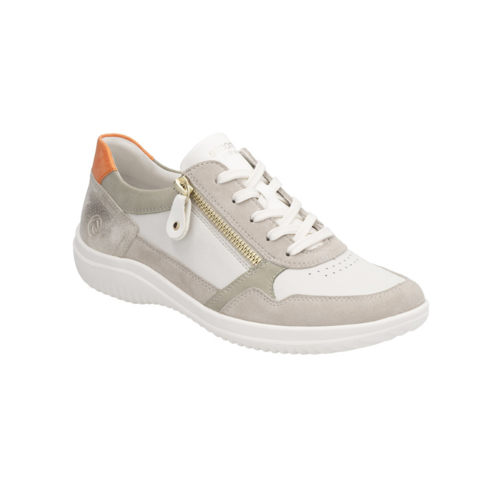 Beige sneaker with green, orange and taupe accents, laces, side zipper, and white light treaded outsole.