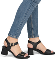 Black block-heel sandals worn with blue jeans.