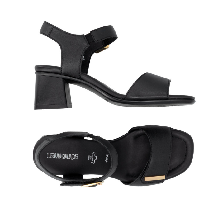 Pair of Black block heel sandals with gold accents on Velcro Straps, black Remonte logo'd footbed and black outsole.