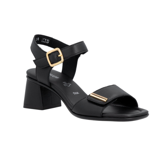 Black block heel sandal with gold accents on Velcro Straps, black Remonte logo'd footbed and black outsole.