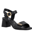 Black block heel sandal with gold accents on Velcro Straps, black Remonte logo'd footbed and black outsole.