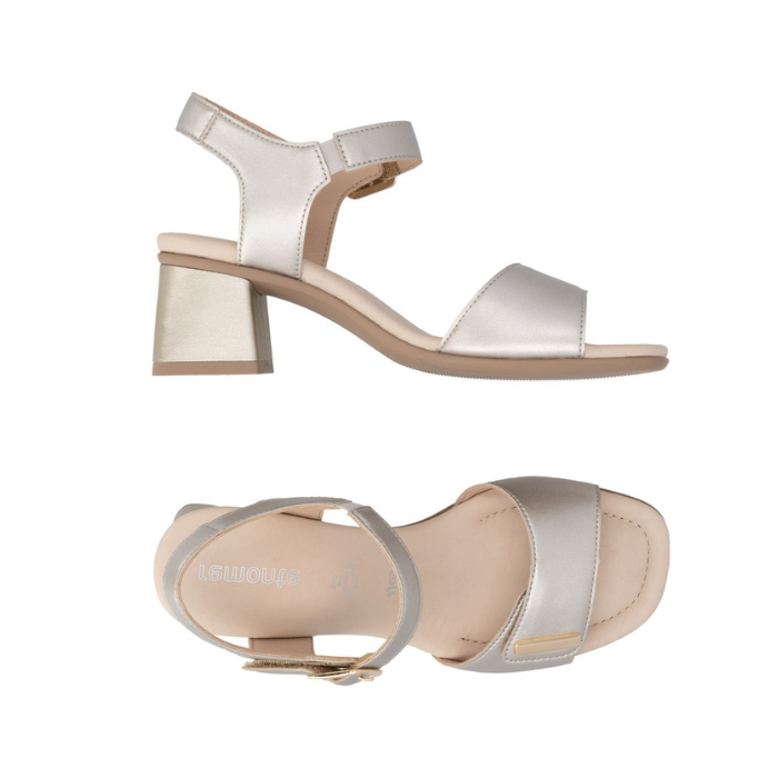 Pair of Gold block heel sandals with gold accents on Velcro Straps, tan Remonte logo'd footbed and beige outsole.