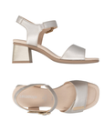 Pair of Gold block heel sandals with gold accents on Velcro Straps, tan Remonte logo'd footbed and beige outsole.