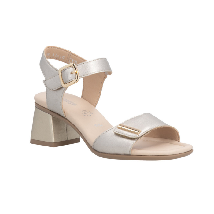 Gold block heel sandal with gold accents on Velcro Straps, tan Remonte logo'd footbed and beige outsole.