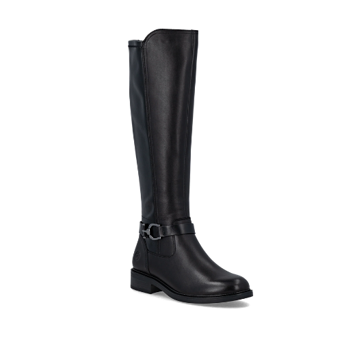 Black knee-high boot with a buckle strap at ankle and black outsole.