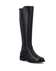 Black knee-high boot with a buckle strap at ankle and black outsole.