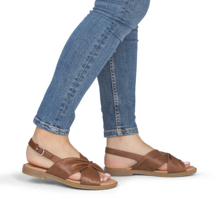 Brown slingback sandals worn with jeans.