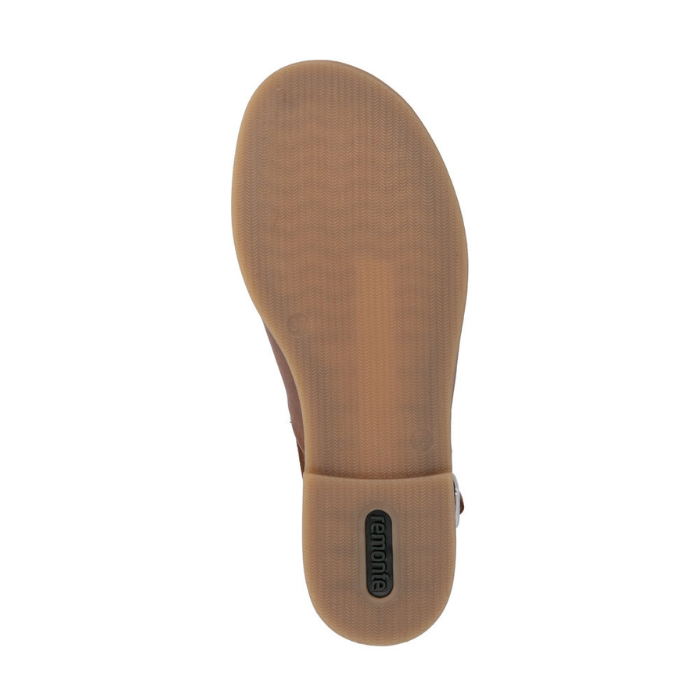 Brown light treaded outsole with green Remonte logo on low heel.