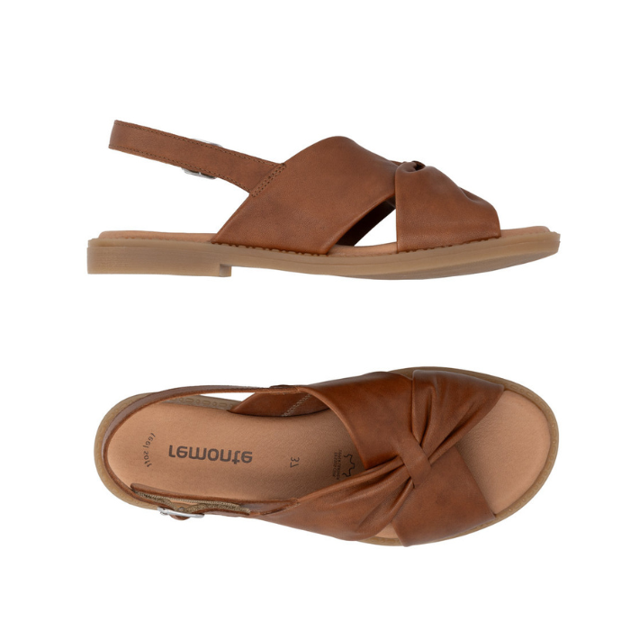 Pair of Brown slingback sandals with a silver buckle, a knot design over vamp, tan Remonte logo'd footbed and flat rubber outsole.