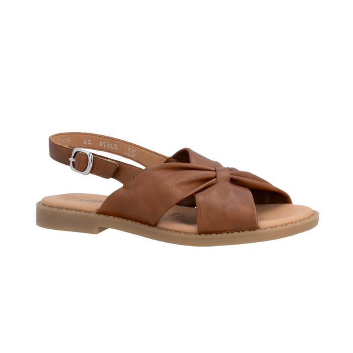 Brown slingback sandal with a silver buckle, a knot design over vamp, tan Remonte logo'd footbed and flat rubber outsole.