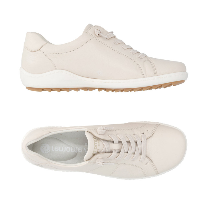 Pair of Beige sneakers with elastic laces, detail stitching, grey Remonte logo'd footbed, white midsole and brown treaded outsole.