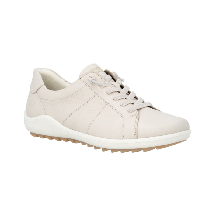 Beige sneaker with elastic laces, detail stitching, white midsole and brown treaded outsole.