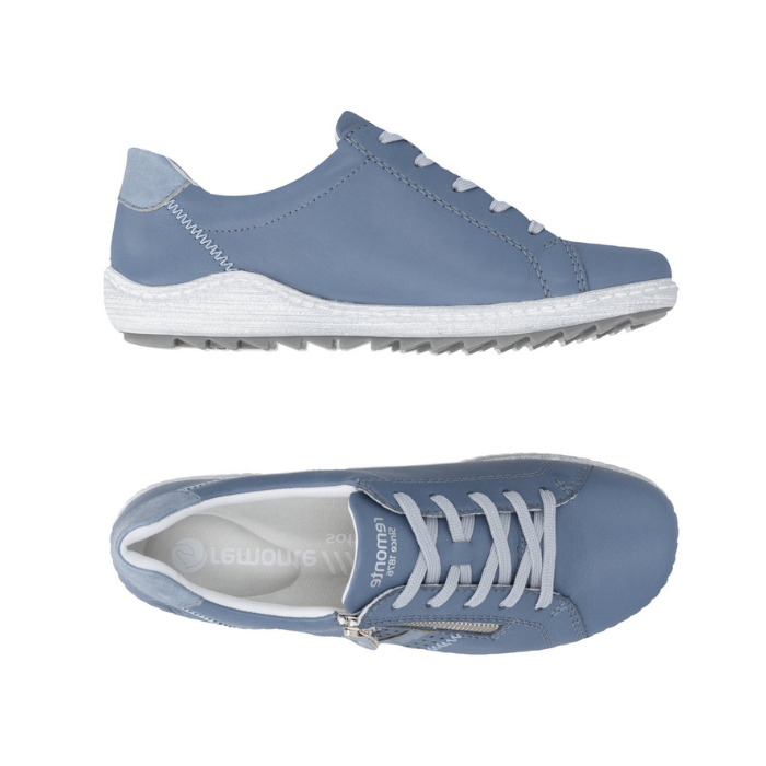 Pair of blue Lace-up sneaker with side zipper, accent stitching, grey Remonte logo'd footbed and white midsole.
