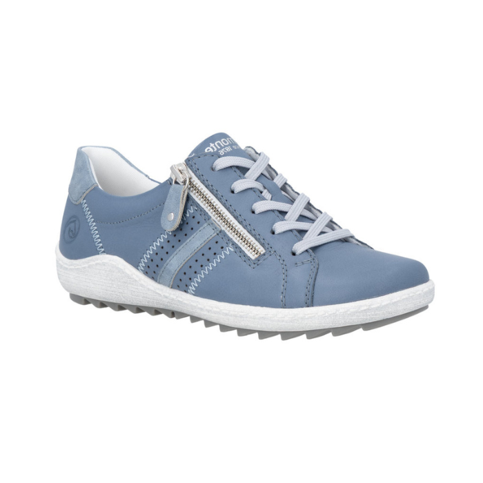 Blue Lace-up sneaker with side zipper, accent stitching, and white midsole.