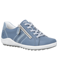 Blue Lace-up sneaker with side zipper, accent stitching, and white midsole.