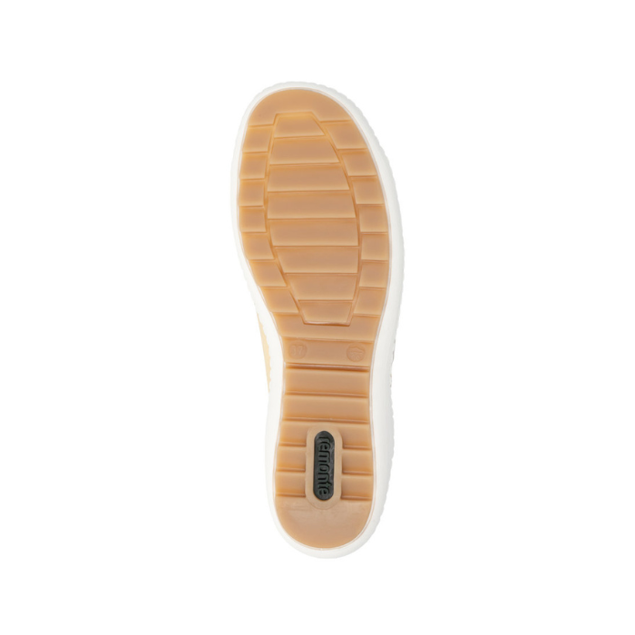 Tan light treaded outsole with green Remonte logo on heel.