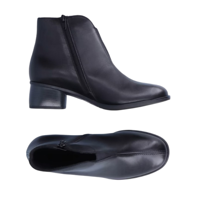 Pair of Black ankle boots with low heel, small slit of gorring on vamp, inside zipper and stitch detail through middle of toe.