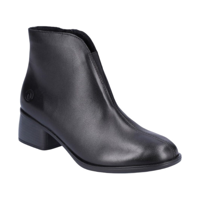 Black ankle boot with low heel, small slit of gorring on vamp and stitch detail through middle of toe.