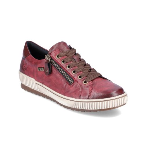 A red leather lace-up sneaker with a zipper on the side, an off-white midsole and brown outsole.