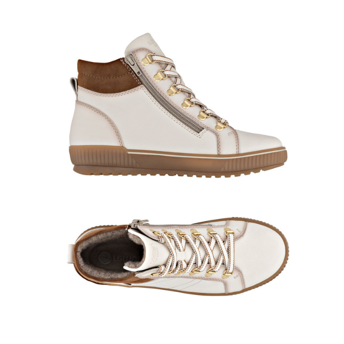 Pair of White high-top lace sneaker boot with brown cuff, side zipper and tan rubber outsole. 