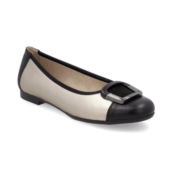 Women's Remonte D0K12 ballet flat in beige and black leather with decorative buckle, lightweight and flexible for everyday wear.