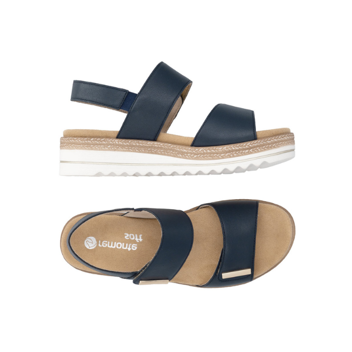 Pair of Backstrap Sandals in navy with gold accents, two Velcro straps, tan Remonte logo'd footbed, faux jute and white platform midsole and lugged white outsole.