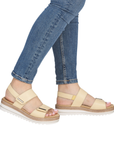 Pale yellow backstrap sandals worn with blue jeans.