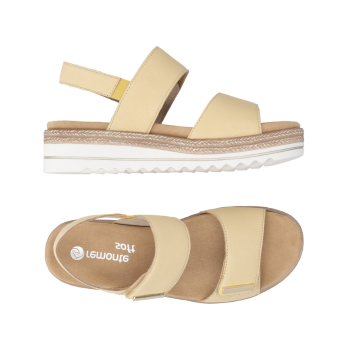 Pair of Backstrap Sandals in yellow with gold accents, two Velcro straps, tan Remonte logo'd footbed, faux jute and white platform midsole and lugged white outsole.