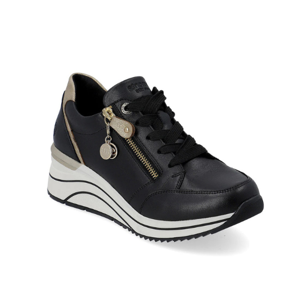 Black lace-up sneaker with gold accents, side zipper and black laces, white midsole with black wave lines and black outsole.