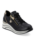 Black lace-up sneaker with gold accents, side zipper and black laces, white midsole with black wave lines and black outsole.