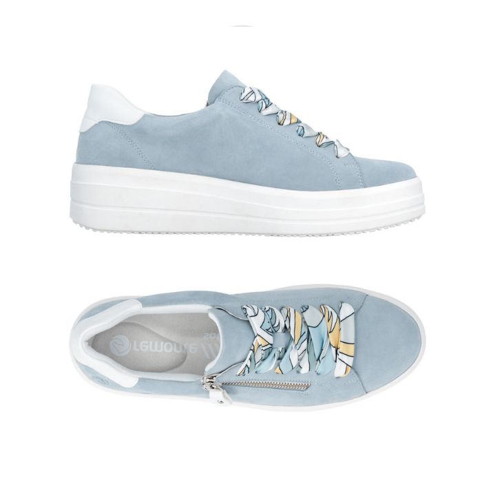 Pair of Suede light blue lace-up platform sneakers with colorful laces, side zipper, grey Rieker logo'd footbed and white outsole.