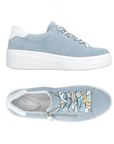 Pair of Suede light blue lace-up platform sneakers with colorful laces, side zipper, grey Rieker logo'd footbed and white outsole.