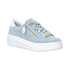 Suede light blue lace-up platform sneaker with colorful laces, side zipper and white outsole.