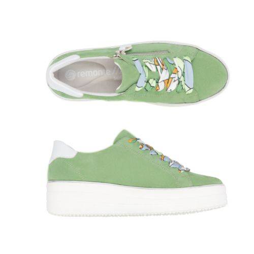 Top and side views of green Remonte D1C06 women's platform sneakers featuring vibrant laces and a convenient side zipper.