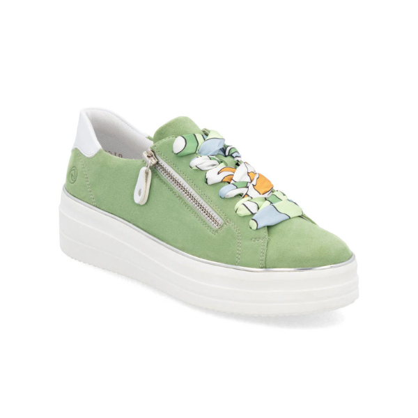Suede green lace-up platform sneaker with colorful laces, side zipper and white outsole.