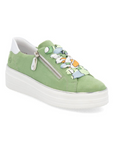Suede green lace-up platform sneaker with colorful laces, side zipper and white outsole.