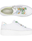 Top and side views of white Remonte D1C06 lace-up platform sneakers for women, featuring multicolor laces and a side zipper.