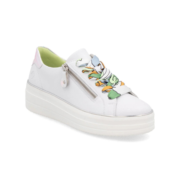 Women's Remonte D1C06 white lace-up platform sneaker with colorful laces and side zipper for easy wear and lightweight comfort.