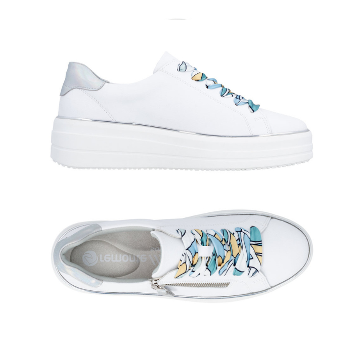 Pair of white lace-up platform sneakers with colorful laces, side zipper, silver heel accent, Remonte grey logo'd footbed and white outsole.
