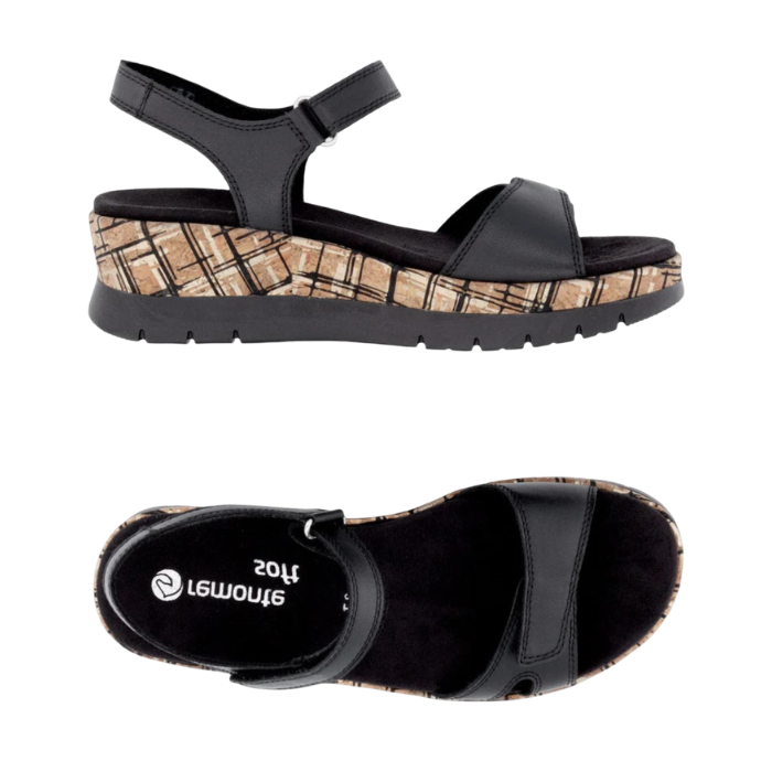 A black backstrap platform wedge sandals with a cork-textured midsole, black Remonte logo'd footbed and black outsole.