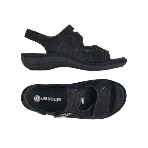 A pair of Black backstrap sandals with 3 adjustable Velcro closures, sparkly square emblem on ankle strap and silver details along side.