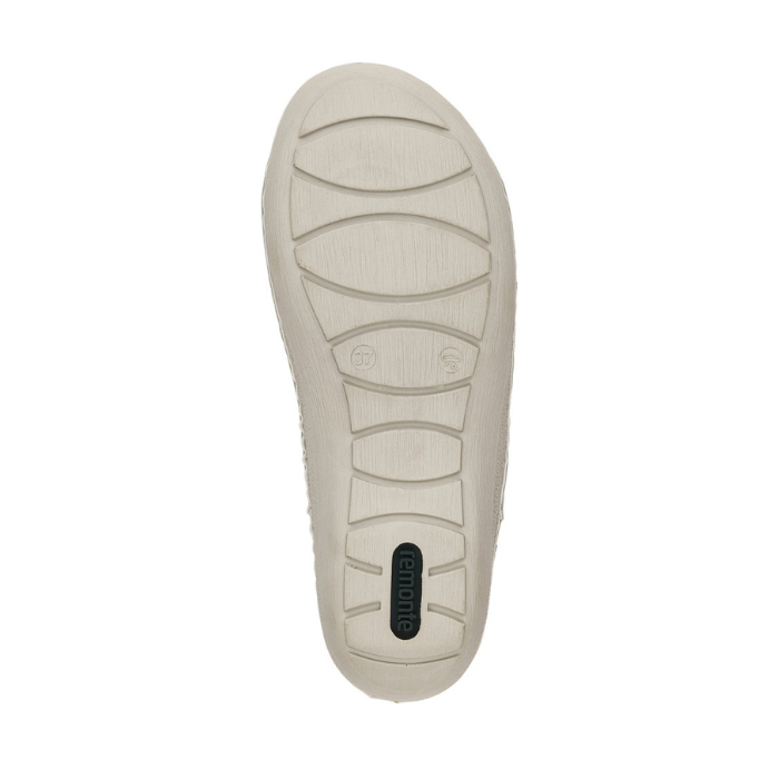 Geometric pattern outsole with light tread and green Remonte logo on heel.