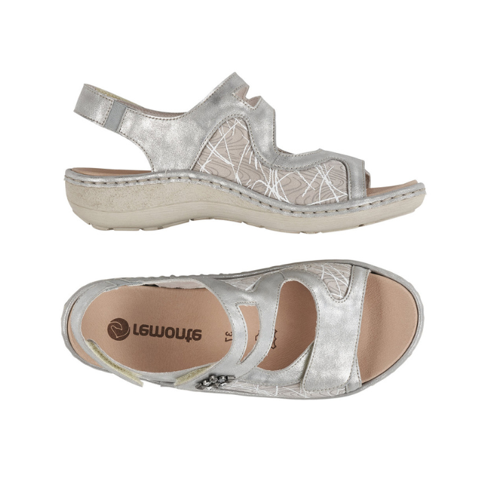 Pair of Silver backstrap sandals with 3 adjustable Velcro closures, sparkly square emblem on ankle strap, tan Remonte logo'd footbed and silver details along side.