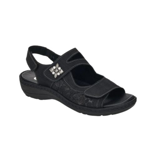 Black back strap sandal with 3 adjustable Velcro closures, sparkly square emblem on ankle strap and silver details along side.