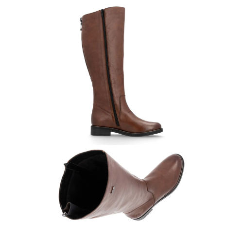 Pair of brown knee-high boots with inside zipper and black outsole.