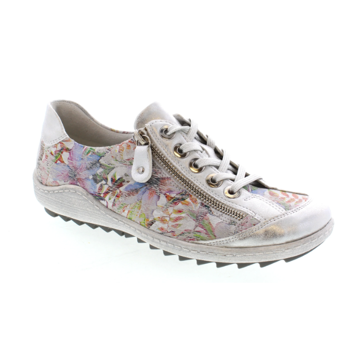 A grey lace-up sneaker with floral pattern a side zipper, white laces and lugged grey outsole.