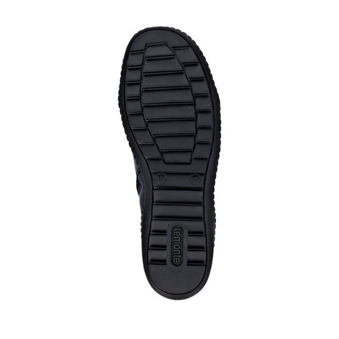 Black treaded outsole with green Remonte logo on heel.