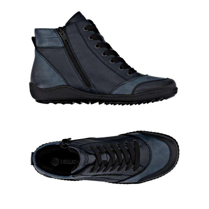 Pair of Blue high-top lace sneaker boots with black accents, dark blue panels and a treaded black outsole.